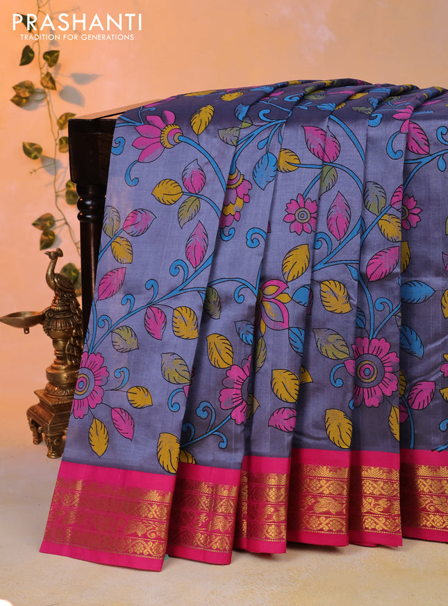 Silk cotton saree grey and pink with allover floral prints and zari woven korvai border