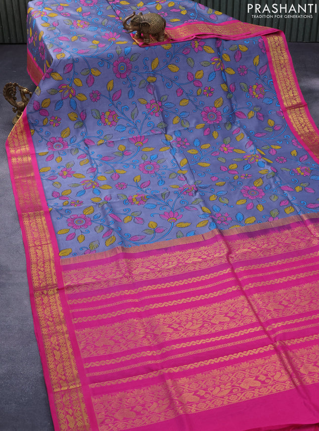 Silk cotton saree grey and pink with allover floral prints and zari woven korvai border
