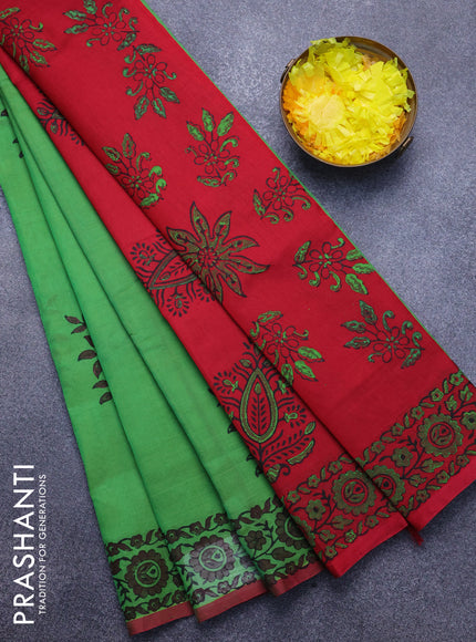 Silk cotton block printed saree light green and red with butta prints and printed border