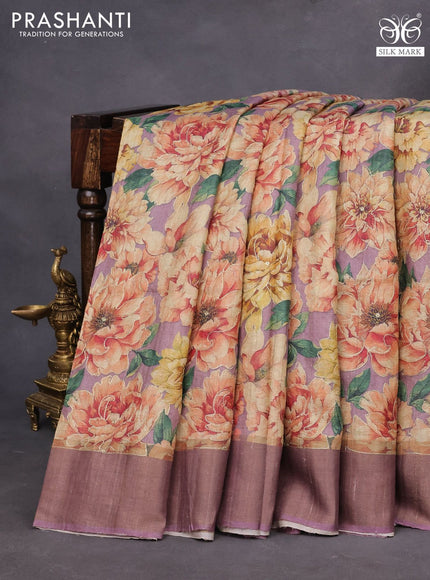 Pure tussar silk saree mild purple with allover floral prints & pita work and zari woven border