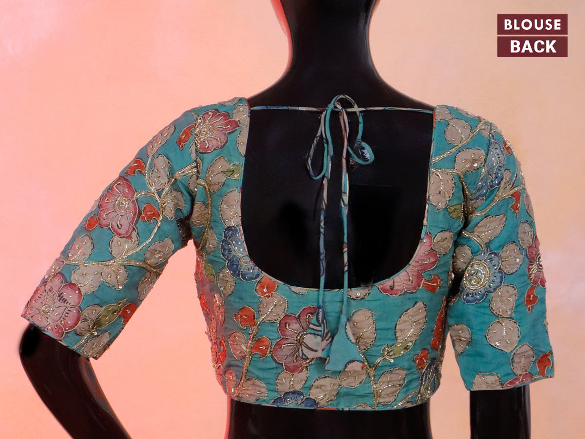 Green - Pedana Block Print Cotton Natural Dyed Kalamkari Readymade Blouse 04