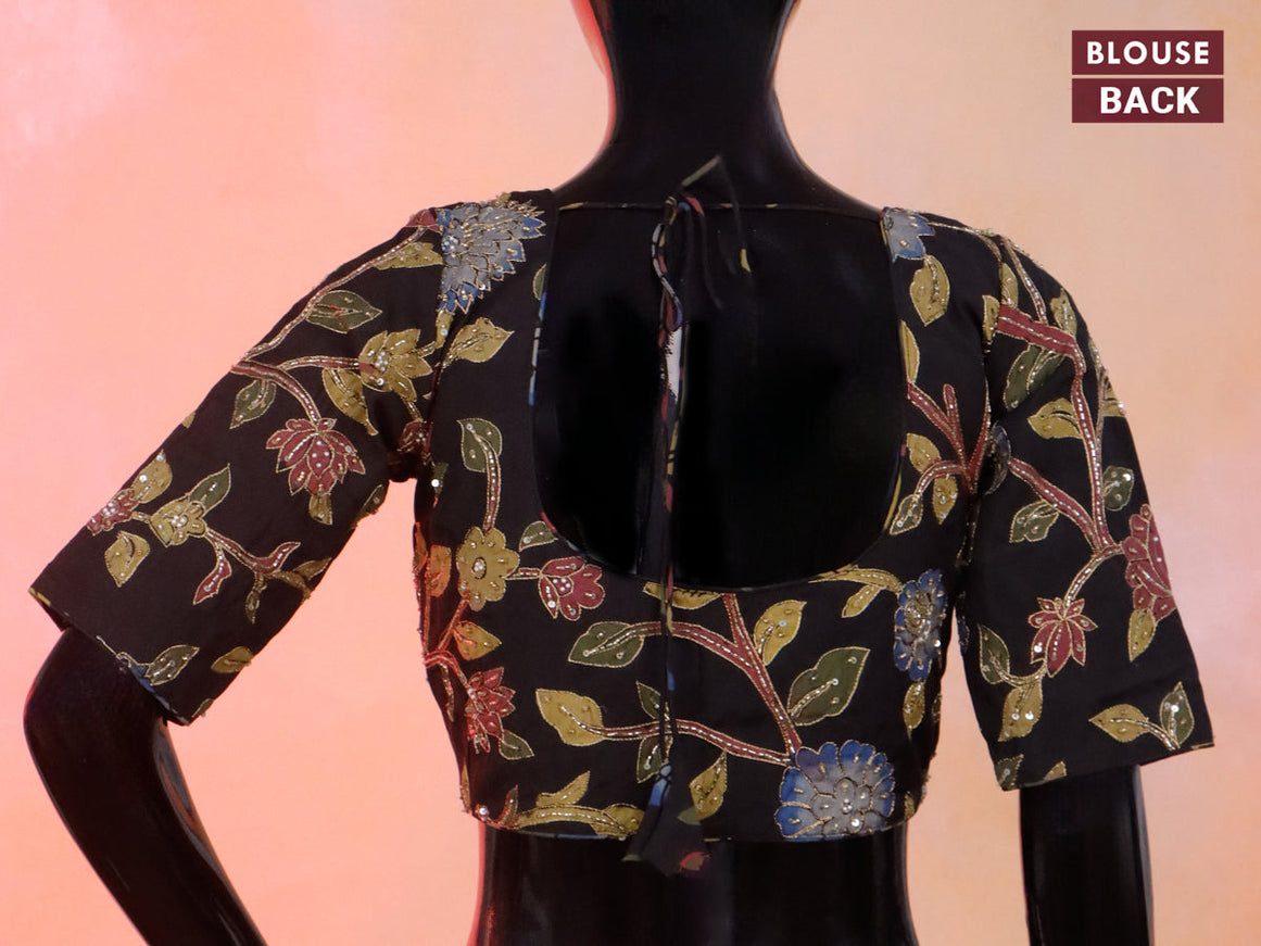 Black - Pedana Block Print Cotton Natural Dyed Kalamkari Readymade Blouse 02