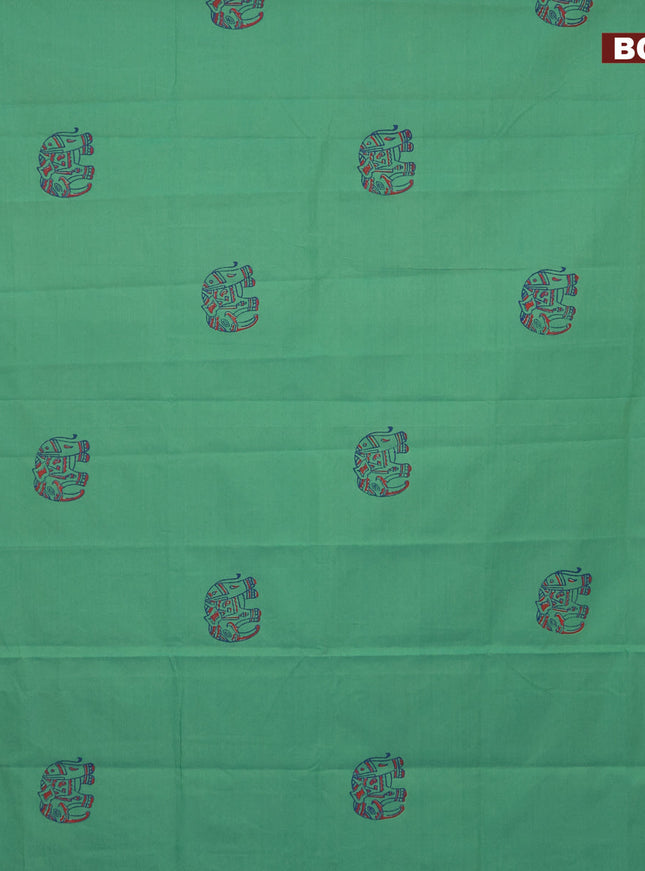 Poly cotton block printed saree dual shade of teal green and red with elephant butta prints in borderless style