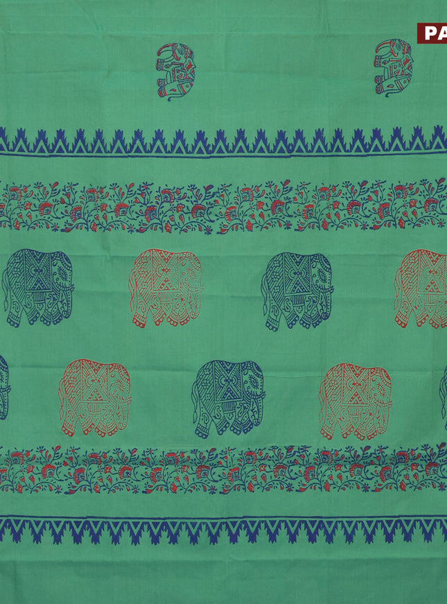 Poly cotton block printed saree dual shade of teal green and red with elephant butta prints in borderless style