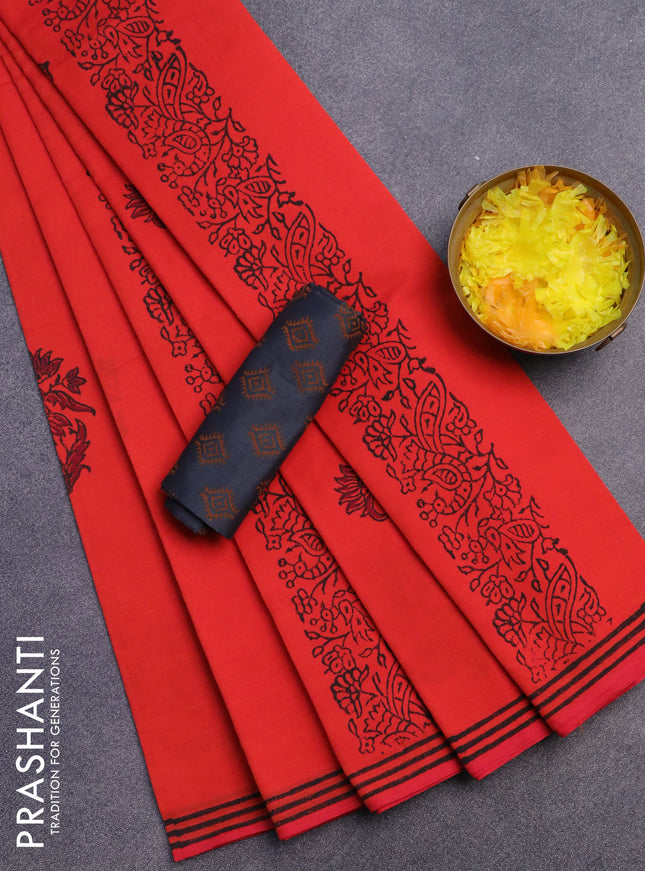 Poly cotton block printed saree orange with butta prints in borderless style