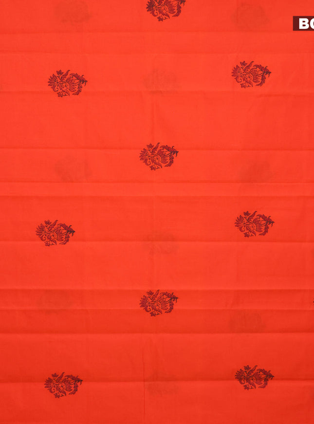 Poly cotton block printed saree orange with butta prints in borderless style