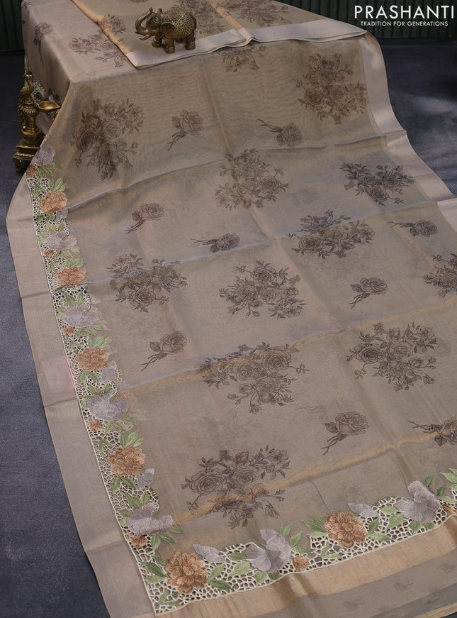 Tissue saree beige with floral digital prints and embroidery floral design cut work border