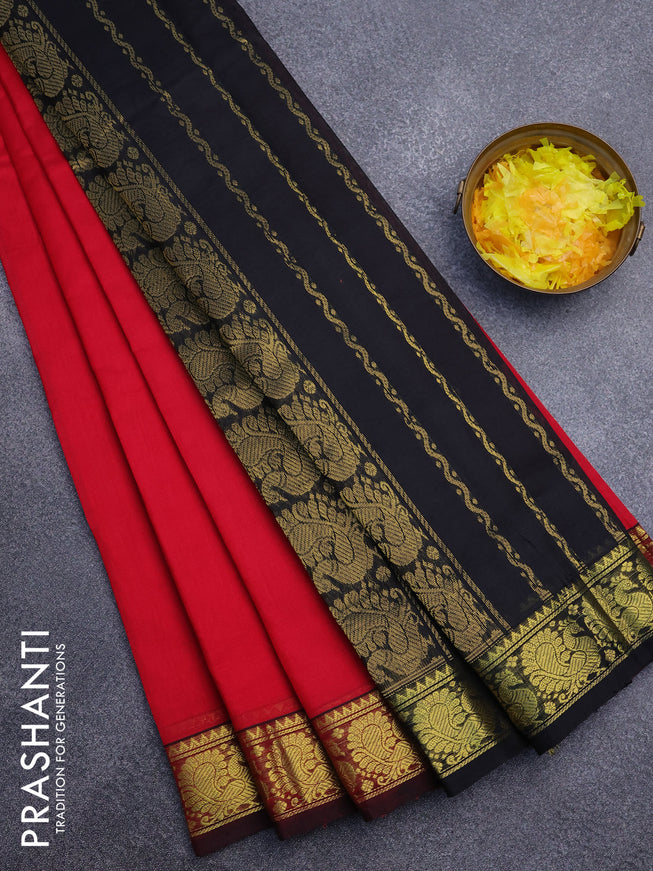 Silk cotton saree red and black with plain body and annam zari woven border