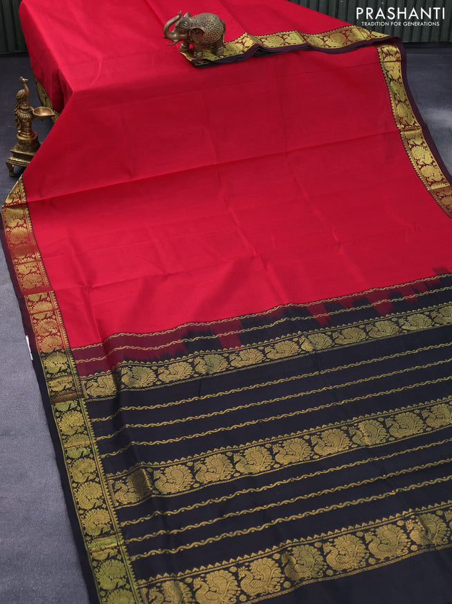 Silk cotton saree red and black with plain body and annam zari woven border