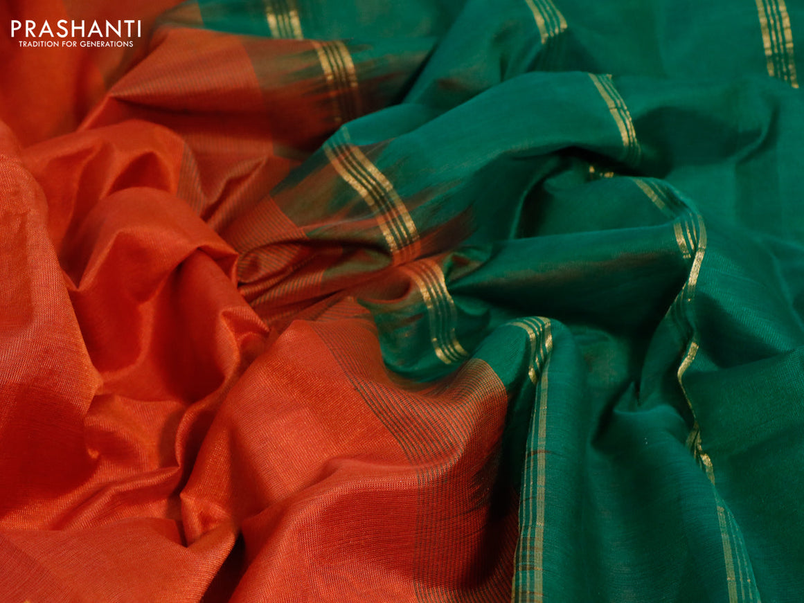 Silk cotton saree rustic orange and green with plain body and small zari woven border