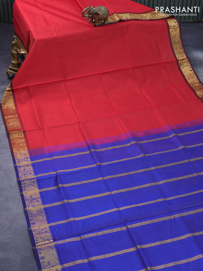 Silk cotton saree red and blue with allover vairaosi pattern and annam & elephant zari woven border