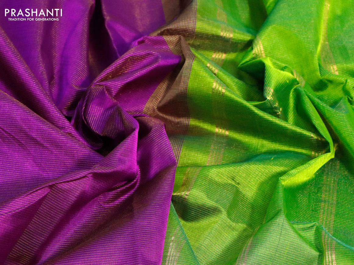 Silk cotton saree purple and light green with allover vairaosi pattern and annam & elephant zari woven border