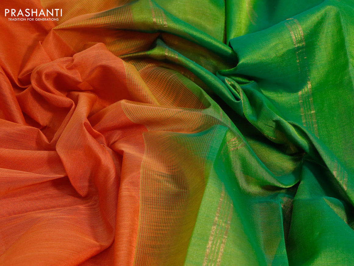 Silk cotton saree rustic orange and green with plain body and paisley zari woven border