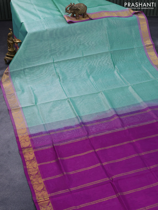 Silk cotton saree teal blue and deep purple with plain body and paisley zari woven border