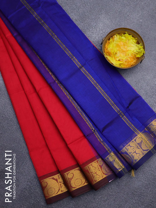 Silk cotton saree red and blue with plain body and paisley zari woven border