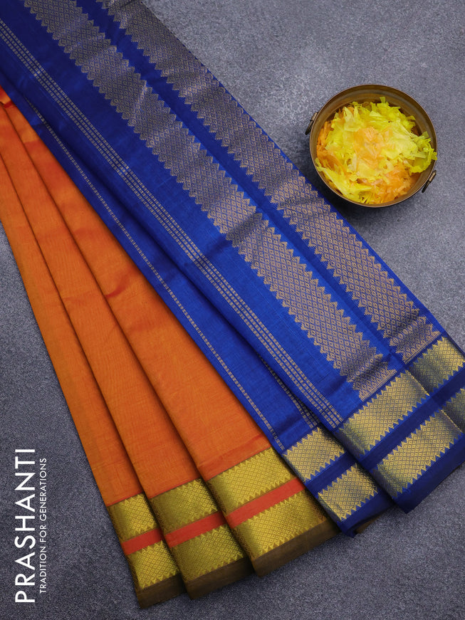Silk cotton saree sunset orange and peacock blue with plain body and rettapet zari woven border