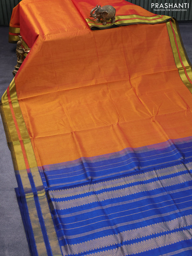 Silk cotton saree sunset orange and peacock blue with plain body and rettapet zari woven border