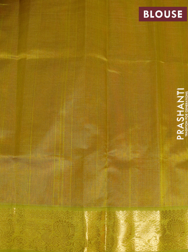 Silk cotton saree sunset orange and light green with plain body and annam zari woven border
