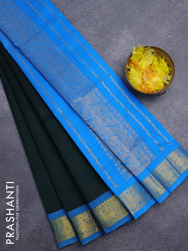 Silk cotton saree bottle green and cs blue with plain body and annam zari woven border