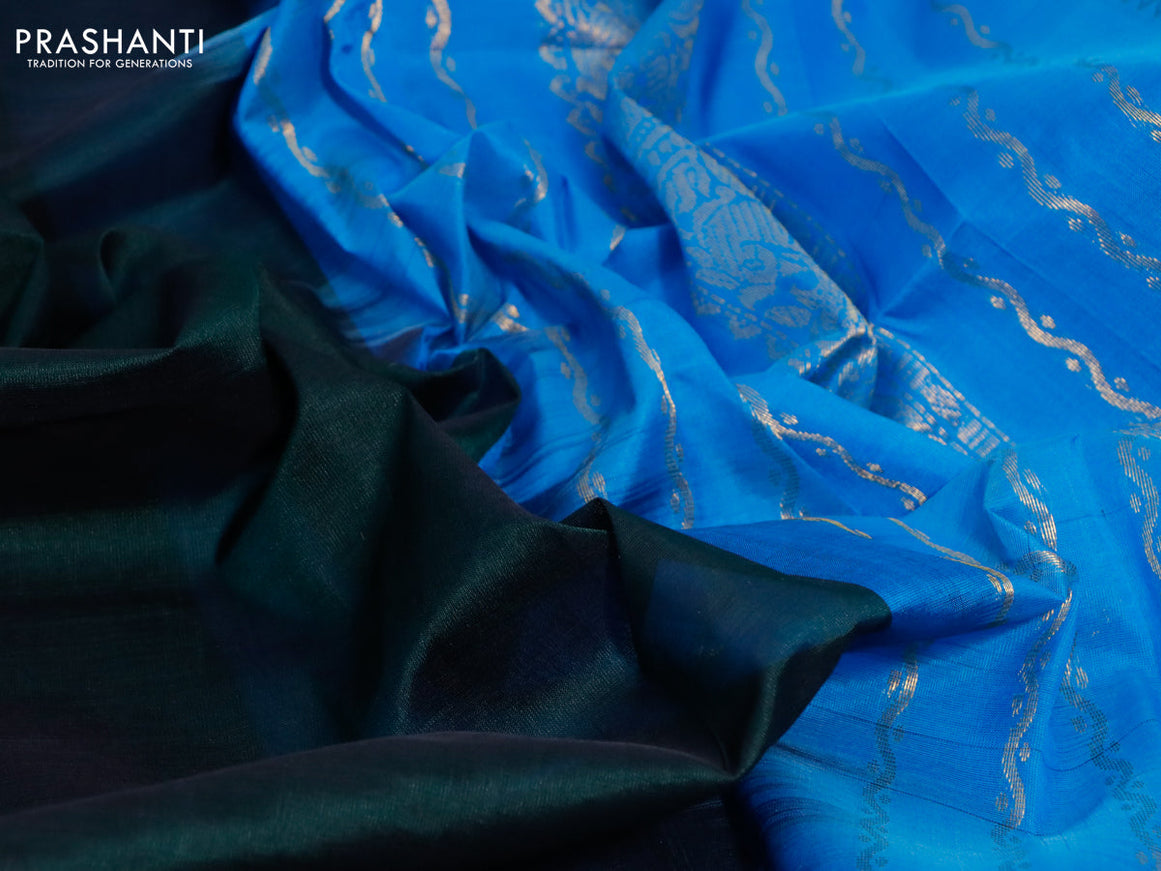 Silk cotton saree bottle green and cs blue with plain body and annam zari woven border