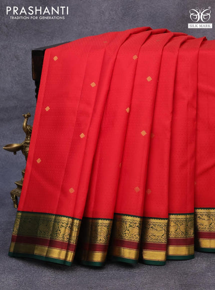 Pure kanjivaram silk saree red and green with allover self emboss & zari buttas and zari woven korvai border