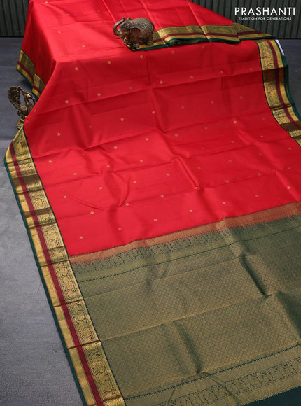 Pure kanjivaram silk saree red and green with allover self emboss & zari buttas and zari woven korvai border