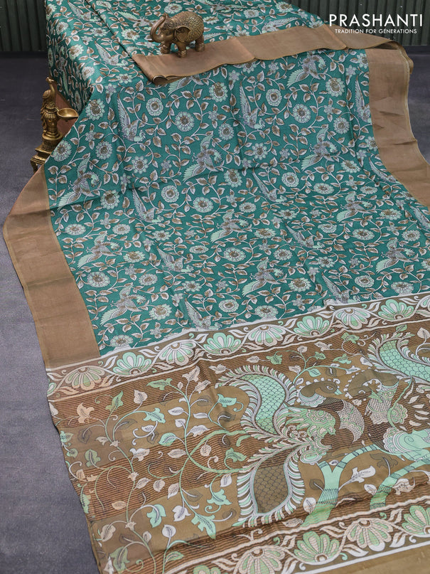 Pure tussar silk saree green and kakhi shade with allover kalamkari prints and zari woven border -