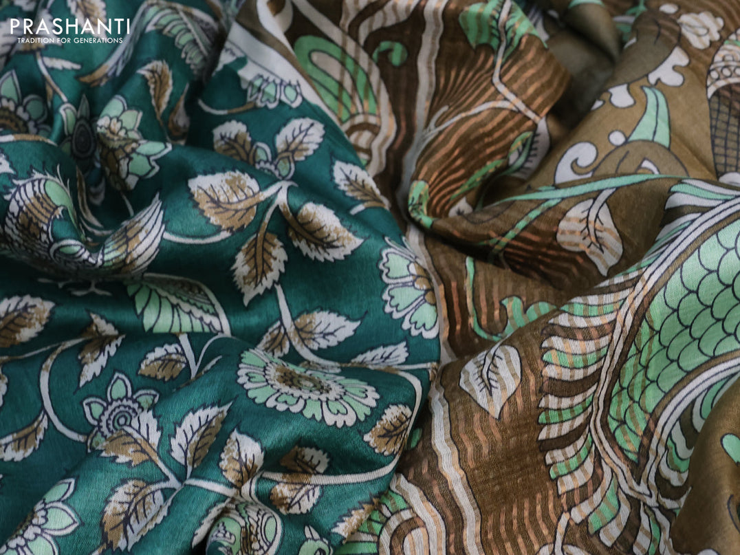 Pure tussar silk saree green and kakhi shade with allover kalamkari prints and zari woven border -