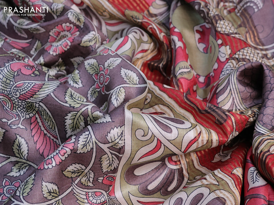 Pure tussar silk saree grey and pink with allover kalamkari prints and zari woven border -