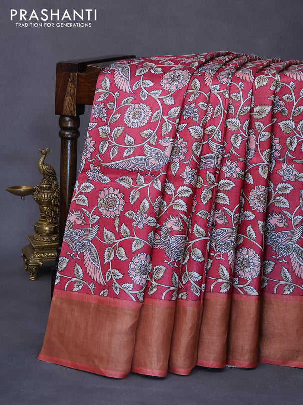 Pure tussar silk saree maroon shade and rust shade with allover kalamkari prints and zari woven border -