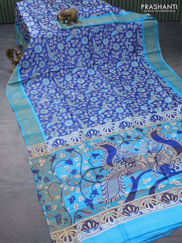 Pure tussar silk saree blue and cs blue with allover kalamkari prints and zari woven border -