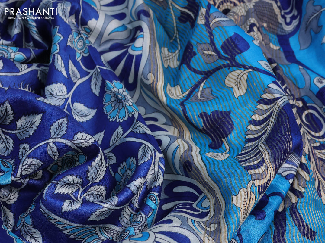 Pure tussar silk saree blue and cs blue with allover kalamkari prints and zari woven border -