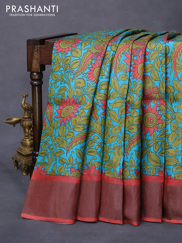 Pure tussar silk saree teal blue and red with allover kalamkari prints and zari woven border -