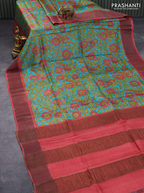 Pure tussar silk saree teal blue and red with allover kalamkari prints and zari woven border -