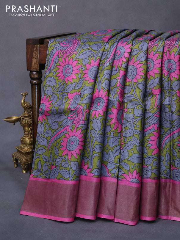 Pure tussar silk saree light green and magenta pink with allover kalamkari prints and zari woven border -