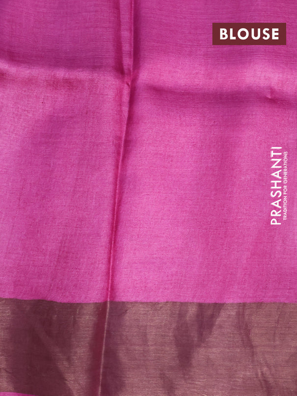 Pure tussar silk saree light green and magenta pink with allover kalamkari prints and zari woven border -