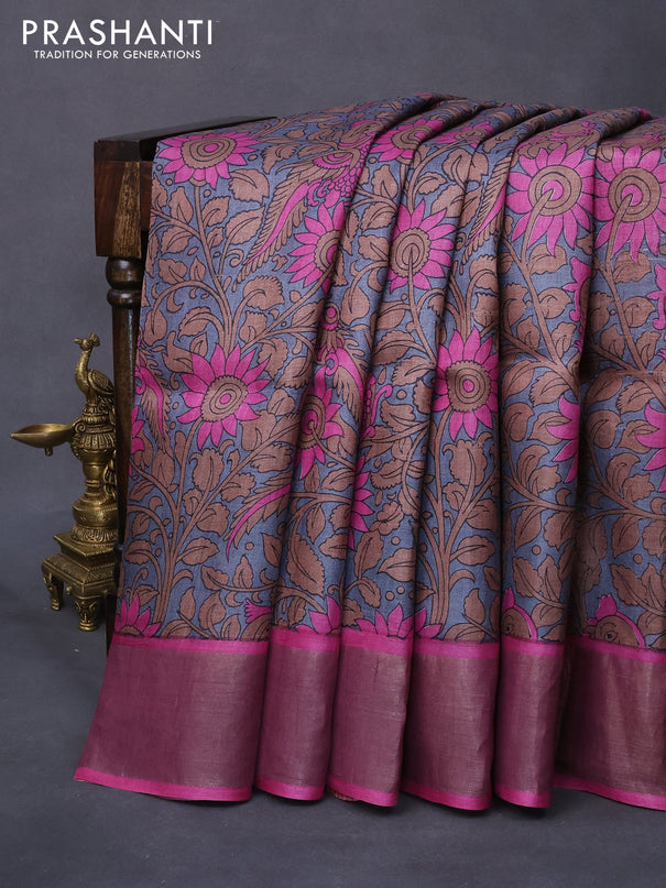Pure tussar silk saree grey and magenta pink with allover kalamkari prints and zari woven border -