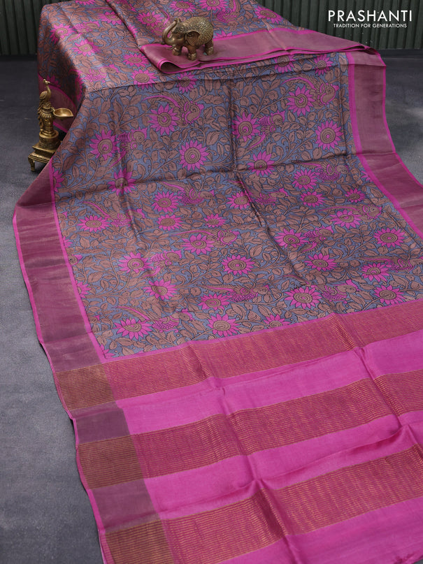 Pure tussar silk saree grey and magenta pink with allover kalamkari prints and zari woven border -