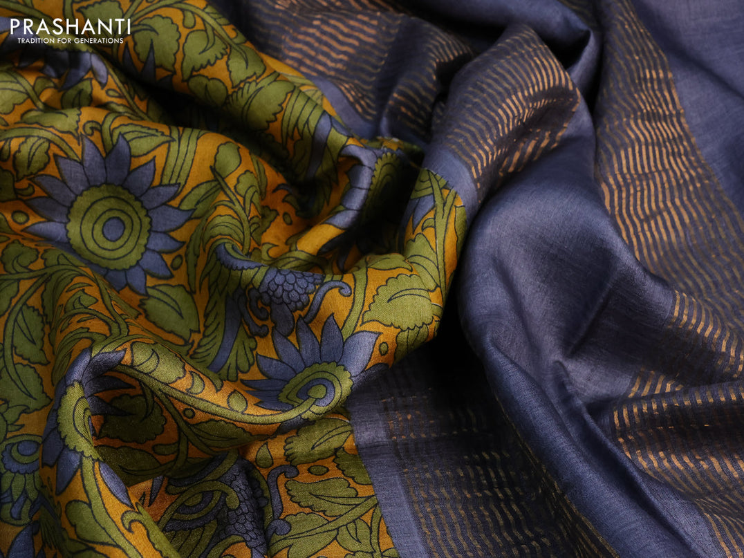 Pure tussar silk saree mustard yellow and grey with allover kalamkari prints and zari woven border -