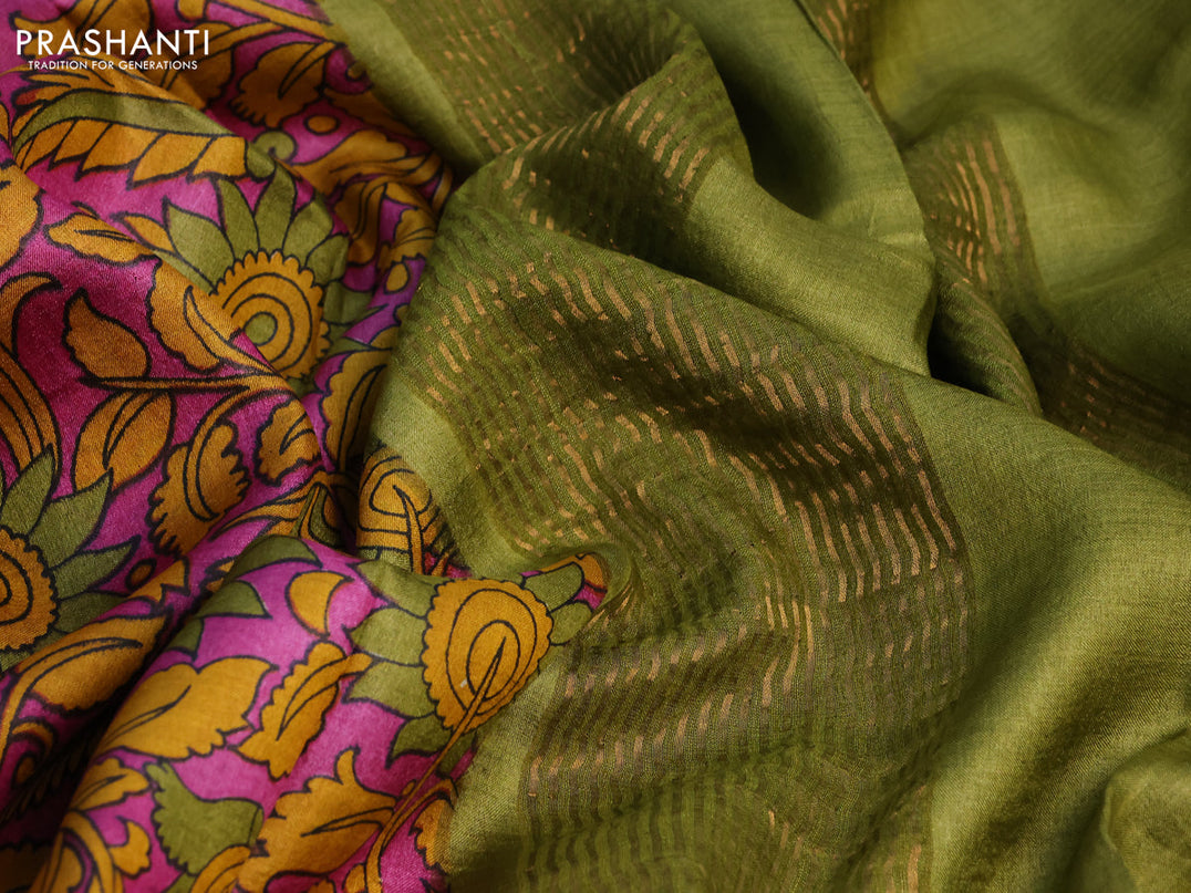 Pure tussar silk saree magenta pink and light green with allover kalamkari prints and zari woven border -
