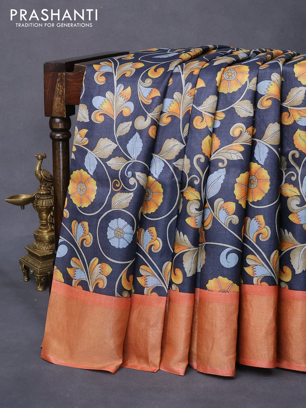 Pure tussar silk saree black and orange with allover kalamkari prints and zari woven border -