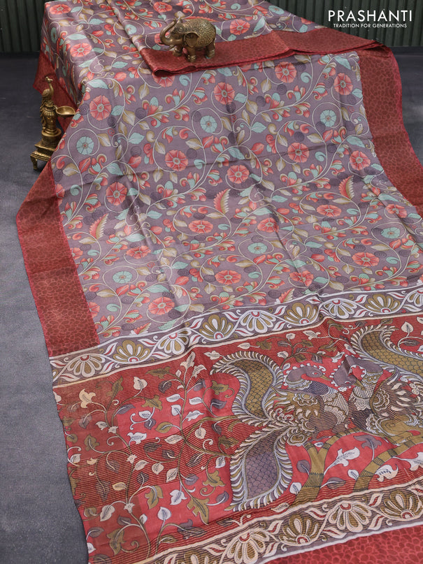 Pure tussar silk saree brown shade and red shade with allover kalamkari prints and zari woven border -
