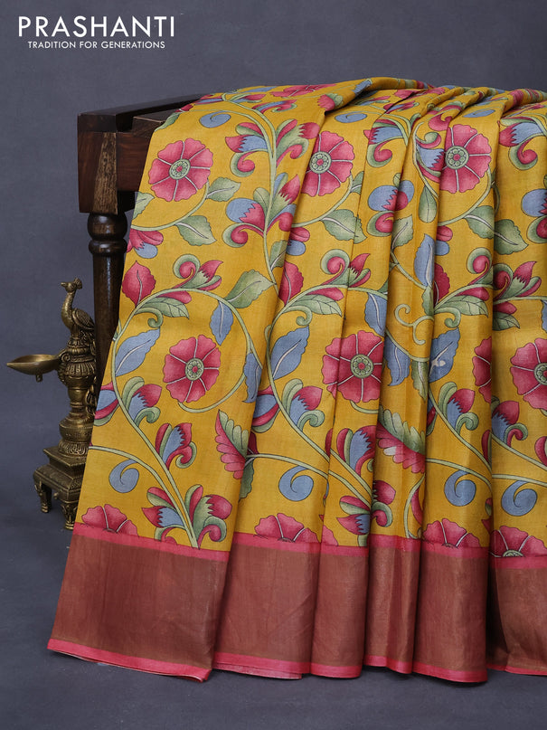 Pure tussar silk saree mustard yellow and red with allover kalamkari prints and zari woven border -