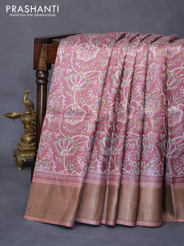 Pure tussar silk saree maroon shade with allover prints and zari woven border -
