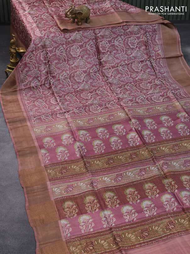 Pure tussar silk saree maroon shade with allover prints and zari woven border -