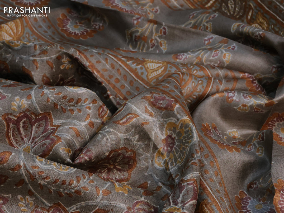 Pure tussar silk saree grey with allover prints and zari woven border -