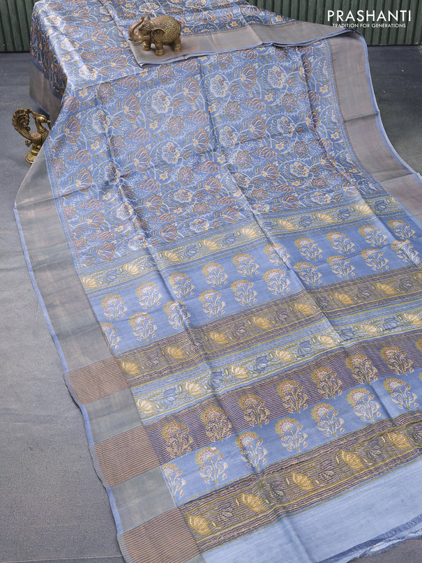 Pure tussar silk saree bluish grey with allover prints and zari woven border -