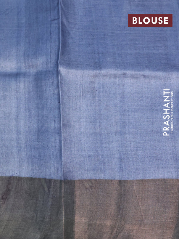 Pure tussar silk saree bluish grey with allover prints and zari woven border -