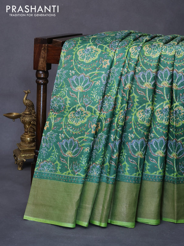 Pure tussar silk saree green and light green with allover prints and zari woven border -