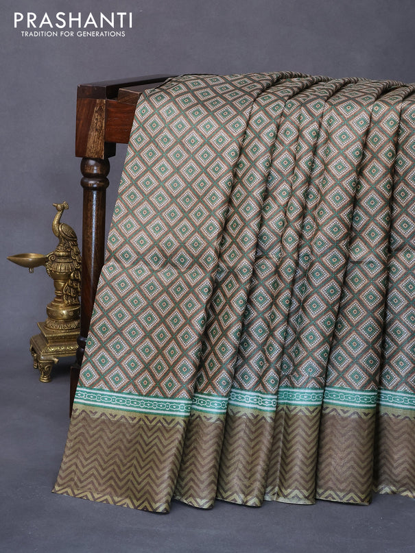 Pure tussar silk saree sandal and green with allover geometric prints and zari woven border -